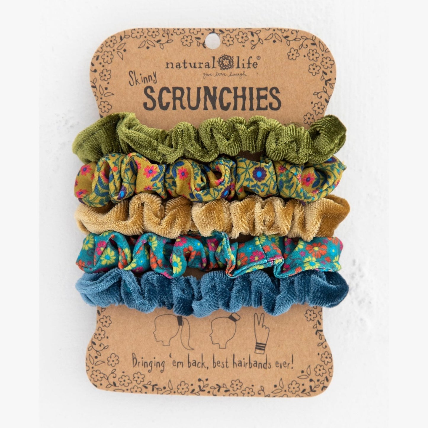 Print and Velvet Scrunchies, Set of 5 - Sage