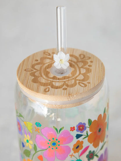 Glass Tumbler With Lid & Straw - Folk Flower