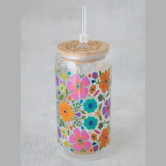 Glass Tumbler With Lid & Straw - Folk Flower