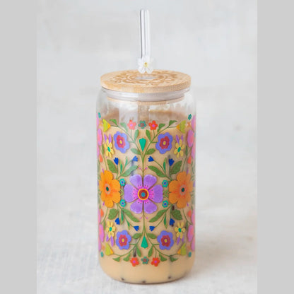 Glass Tumbler With Lid & Straw - Folk Flower