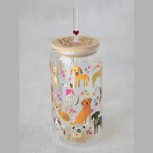 Glass Tumbler With Lid & Straw - Dog