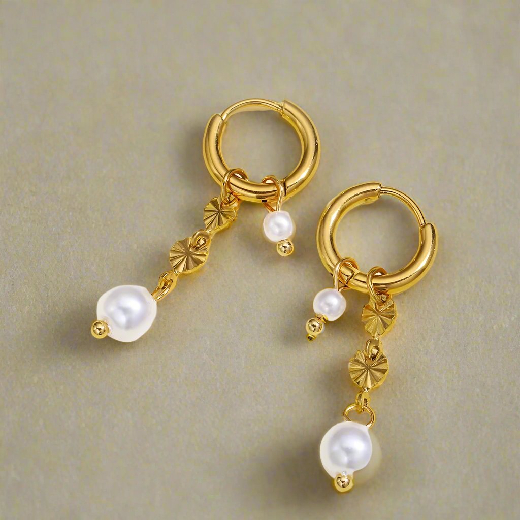 Pearl Dangle Gold Huggie Earrings