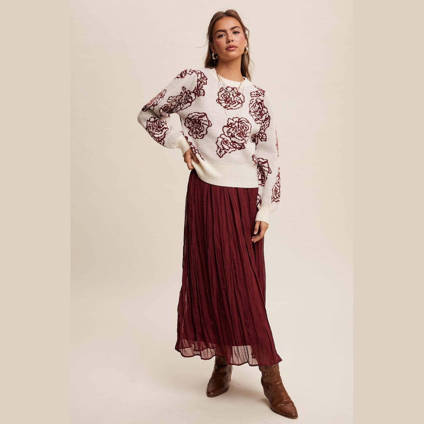 Floral Jacquard Puff-Sleeve Sweater