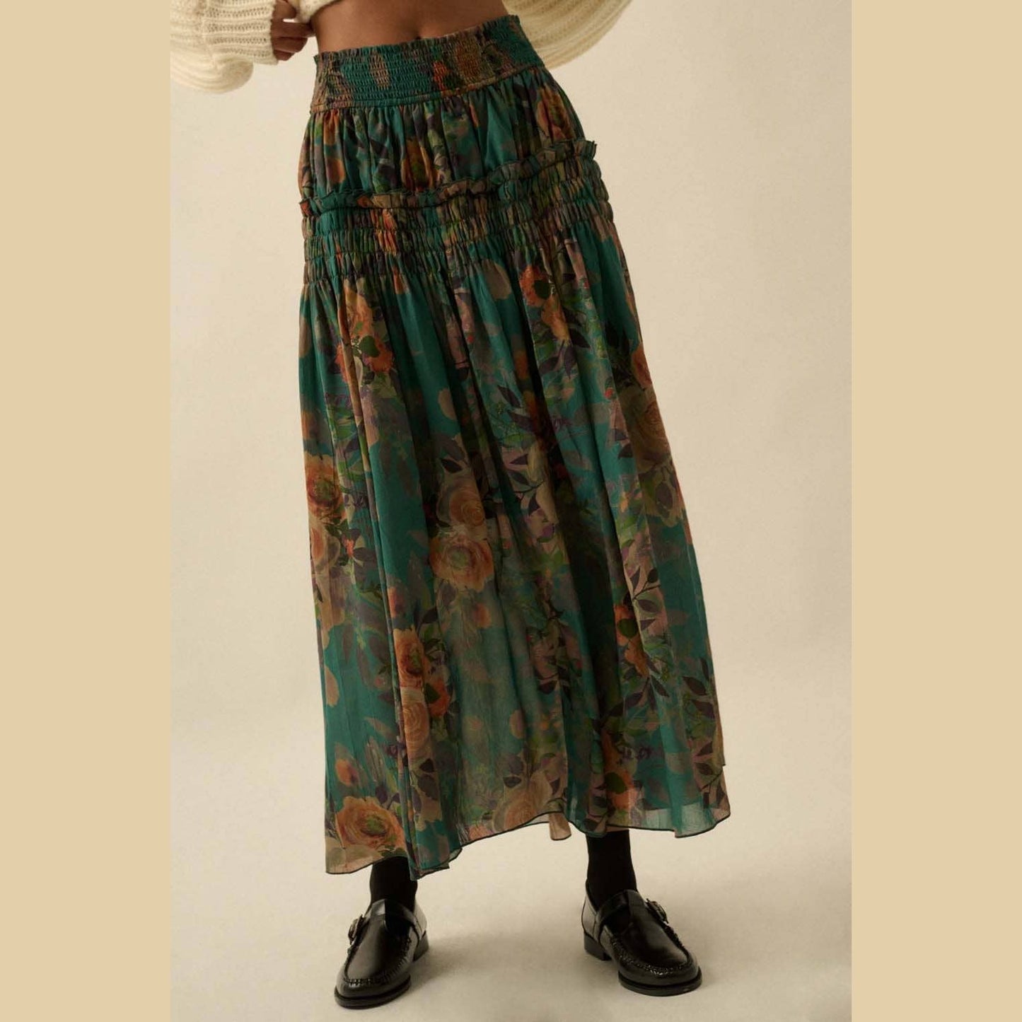 Floral-Print Smocked Drop-Waist Ruffle Maxi Skirt