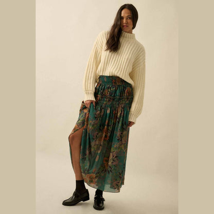Floral-Print Smocked Drop-Waist Ruffle Maxi Skirt