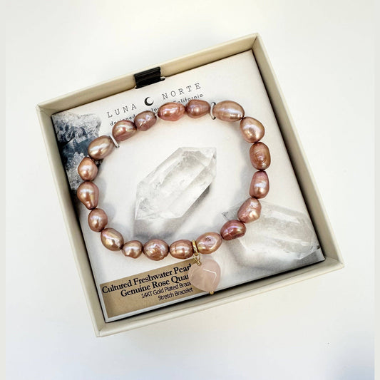 Sweetheart Charm Stretch Bracelet- Cultured Freshwater Pearl, Rose Quartz