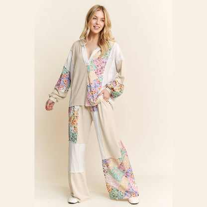 Mineral Washed Floral Wave Knit Jacquard Boho Pants