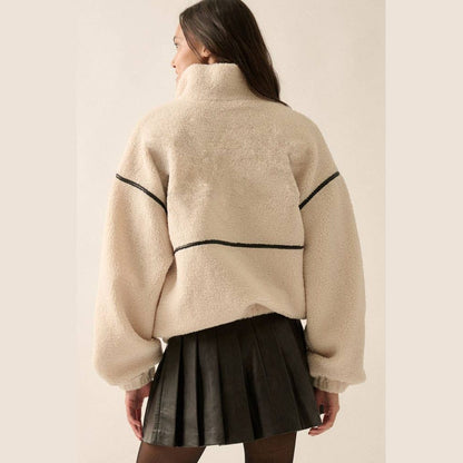 Faux Leather-Trimmed Sherpa Fleece Zip-Up Jacket