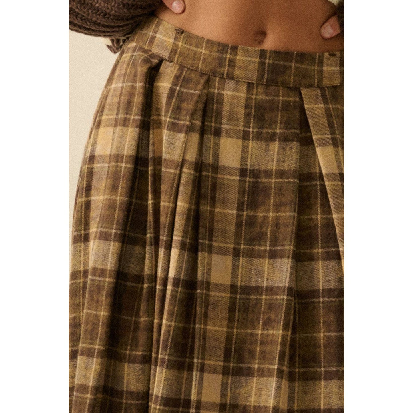 Plaid Flannel Pleated Wrapped Raw-Edge Maxi Skirt
