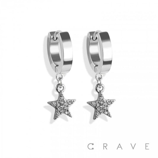SS EARRINGS WITH ALLOY CZ PAVED STAR DANGLE