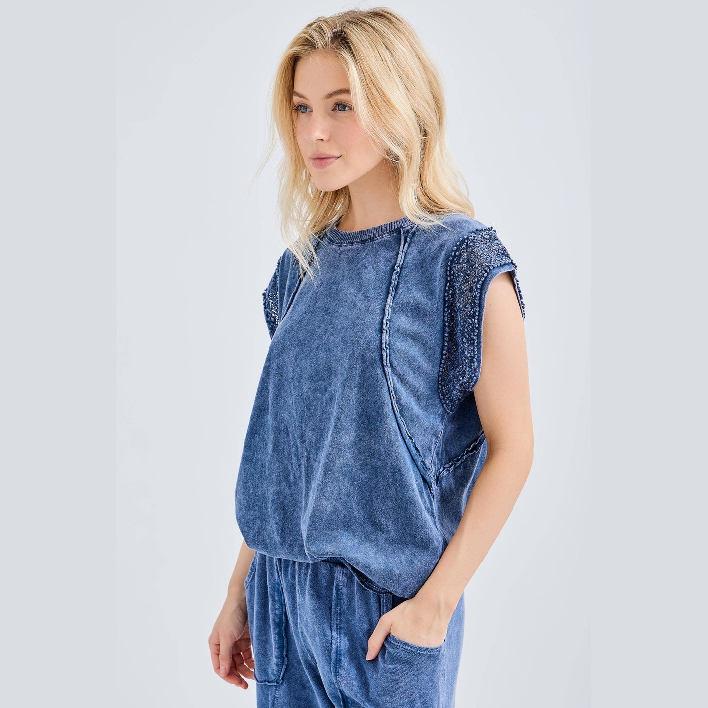 Mineral Wash Trim Cap sleeve Blouse