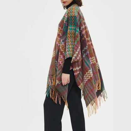 Plaid Ruana Multi-Colored Kimono shawl With Tassel Detail