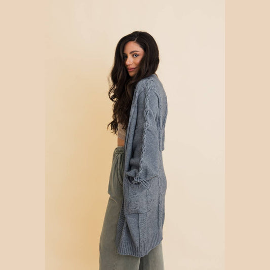 Tie Bubble Sleeve Cable Knit Oversized Cardigan