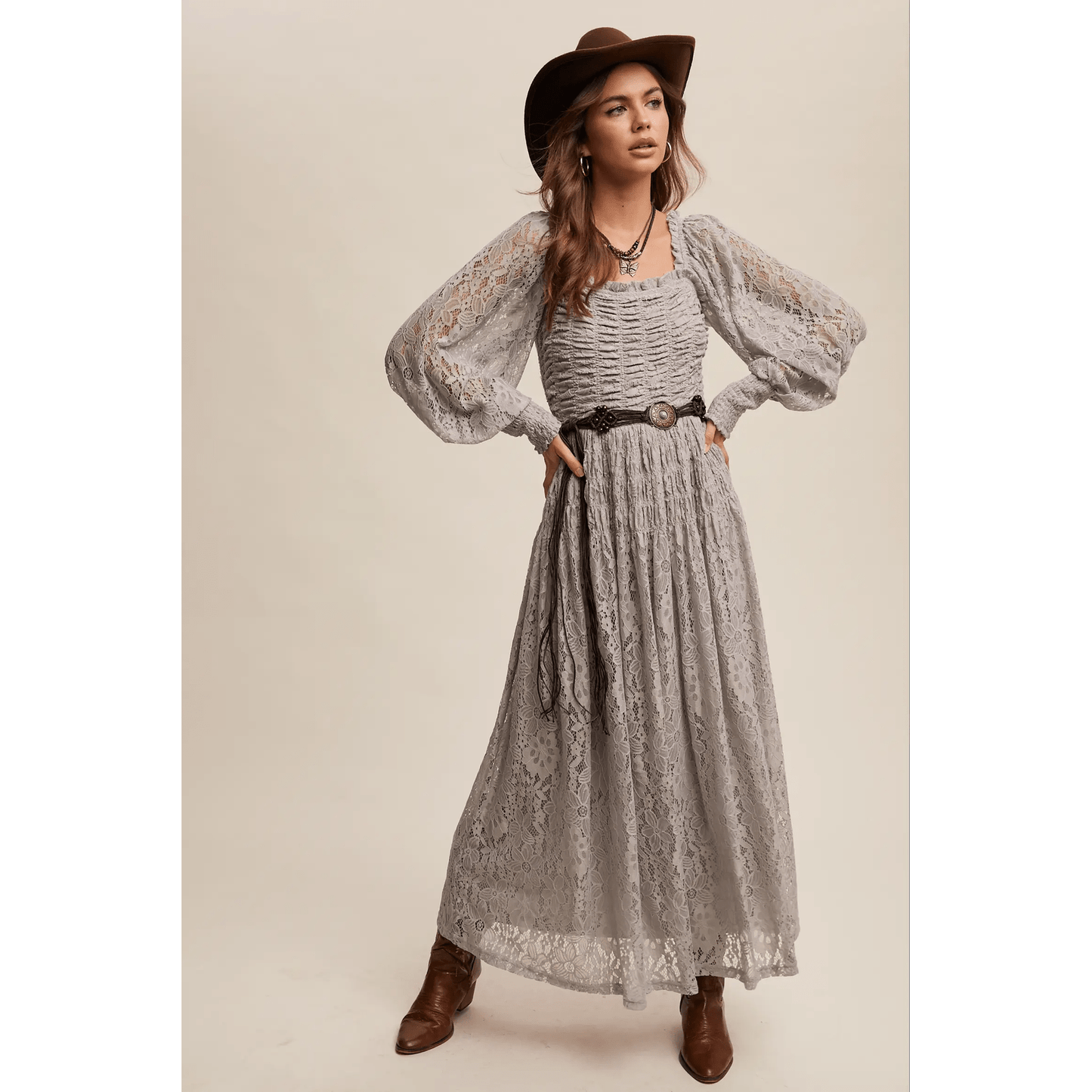 Vintage Lace Maxi Dress with Smocked Details