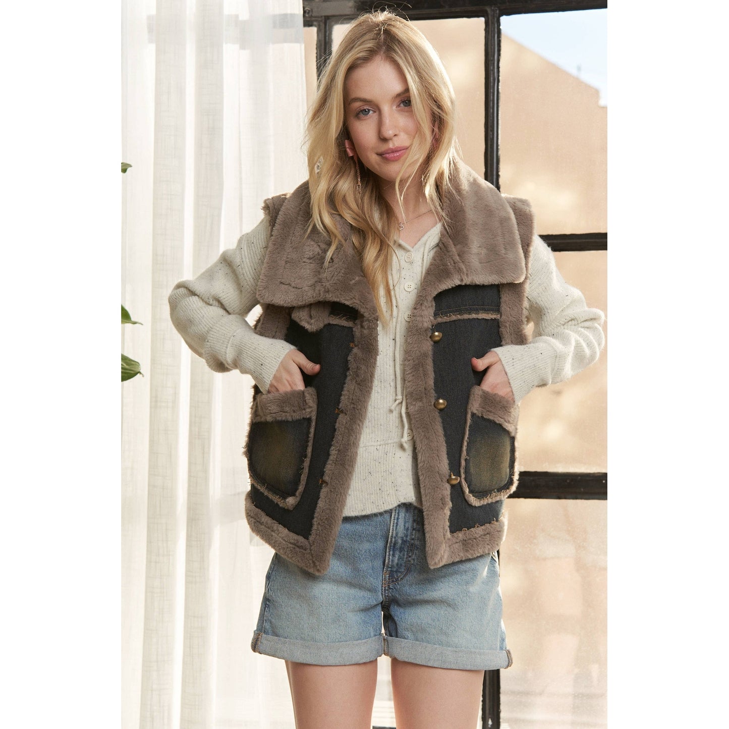 Knit Henly Denim Faux Fur Vest