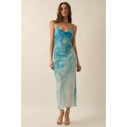 Tie Dye-Print Satin Bias-Cut Maxi Dress