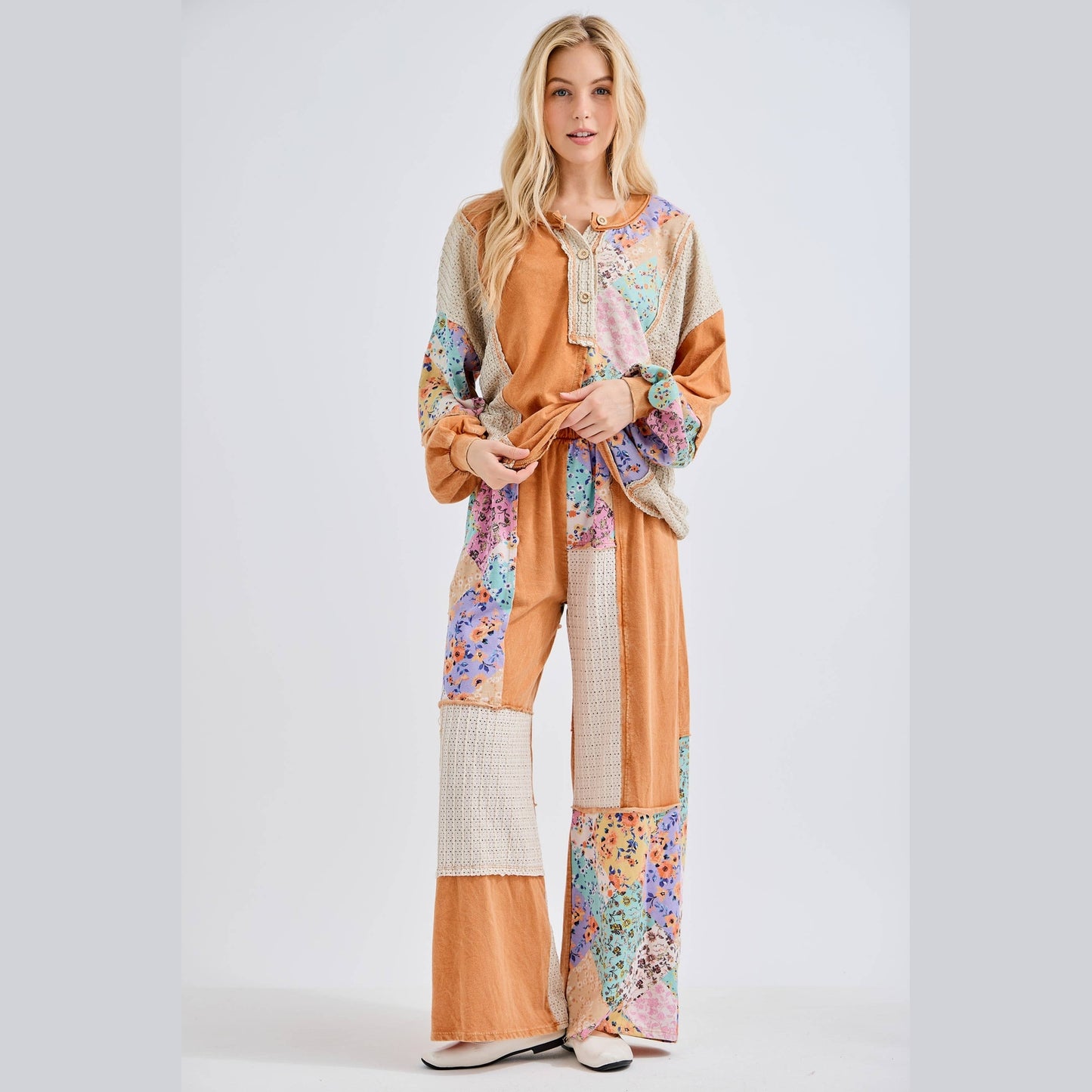 Mineral Washed Floral WaveKnit Jacquard Boho Top