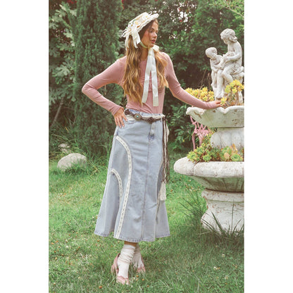 Embroidered Denim Midi Skirt