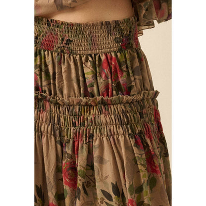 Floral-Print Smocked Drop-Waist Ruffle Maxi Skirt