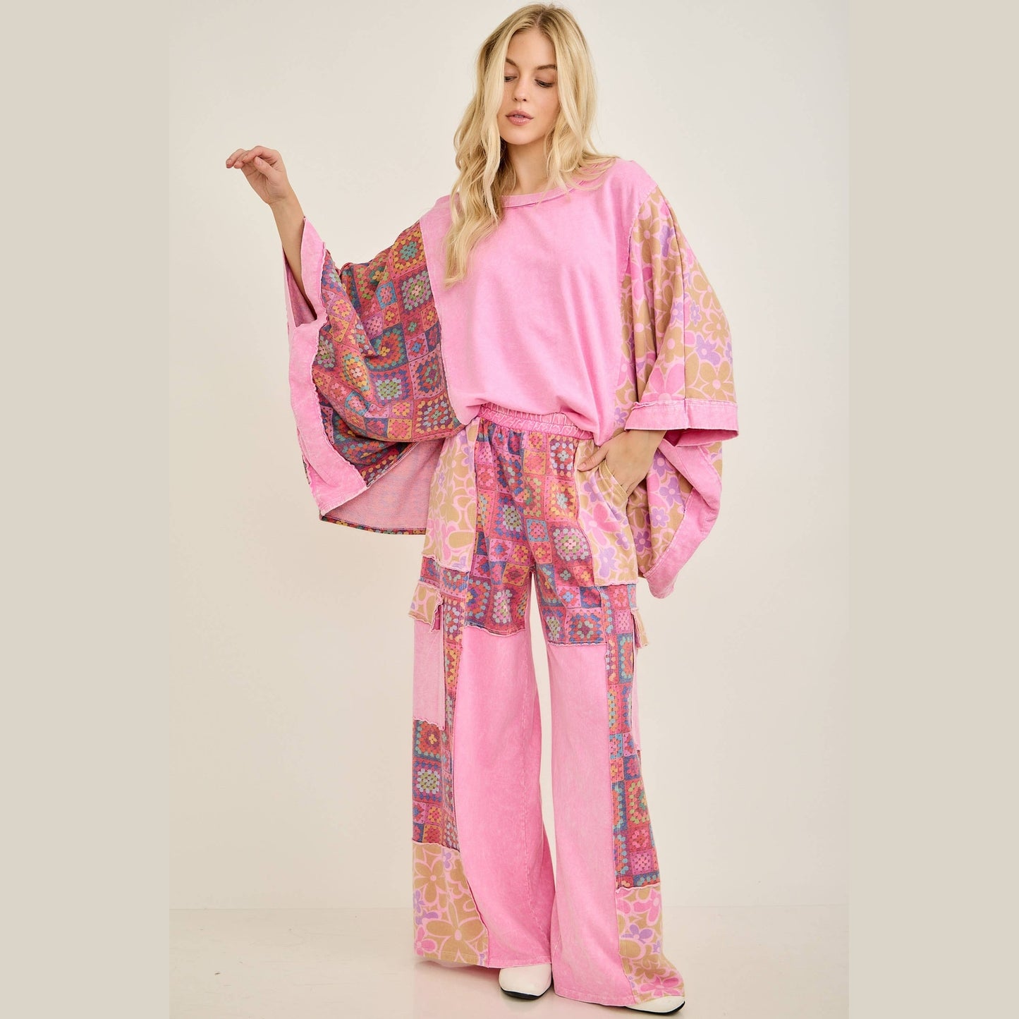 Mineral Washed Crochet Flower Printed Poncho