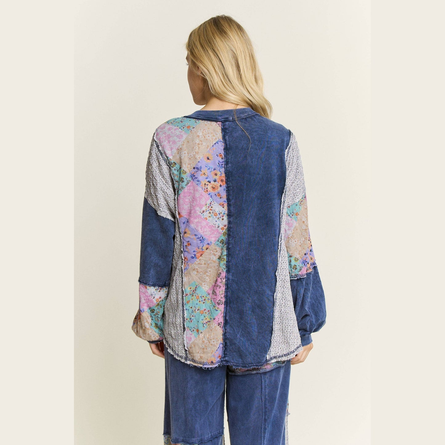 Mineral Washed Floral WaveKnit Jacquard Boho Top