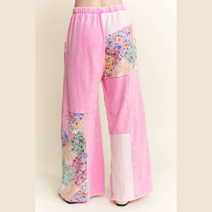 Mineral Washed Floral Wave Knit Jacquard Boho Pants