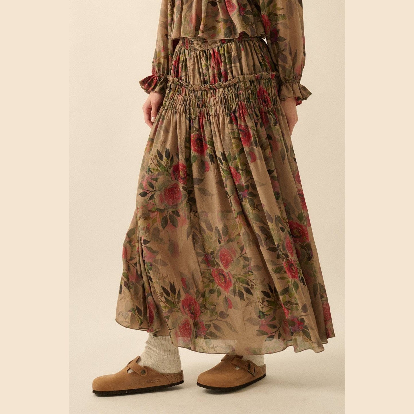 Floral-Print Smocked Drop-Waist Ruffle Maxi Skirt
