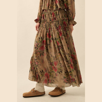 Floral-Print Smocked Drop-Waist Ruffle Maxi Skirt