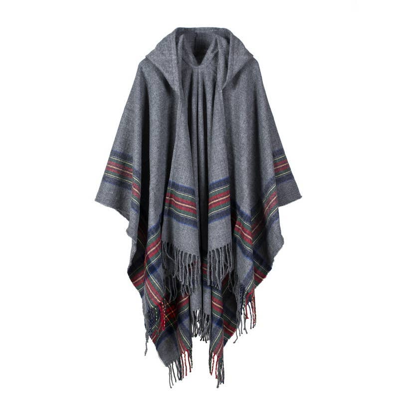 Classic plaid faux wool tartan hooded ruana fringed shawl