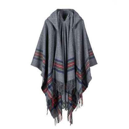 Classic plaid faux wool tartan hooded ruana fringed shawl