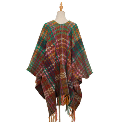 Plaid Ruana Multi-Colored Kimono shawl With Tassel Detail
