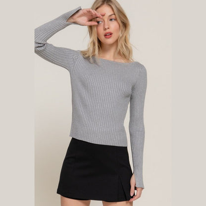 Ribbed Boat Neck Long Sleeve Top