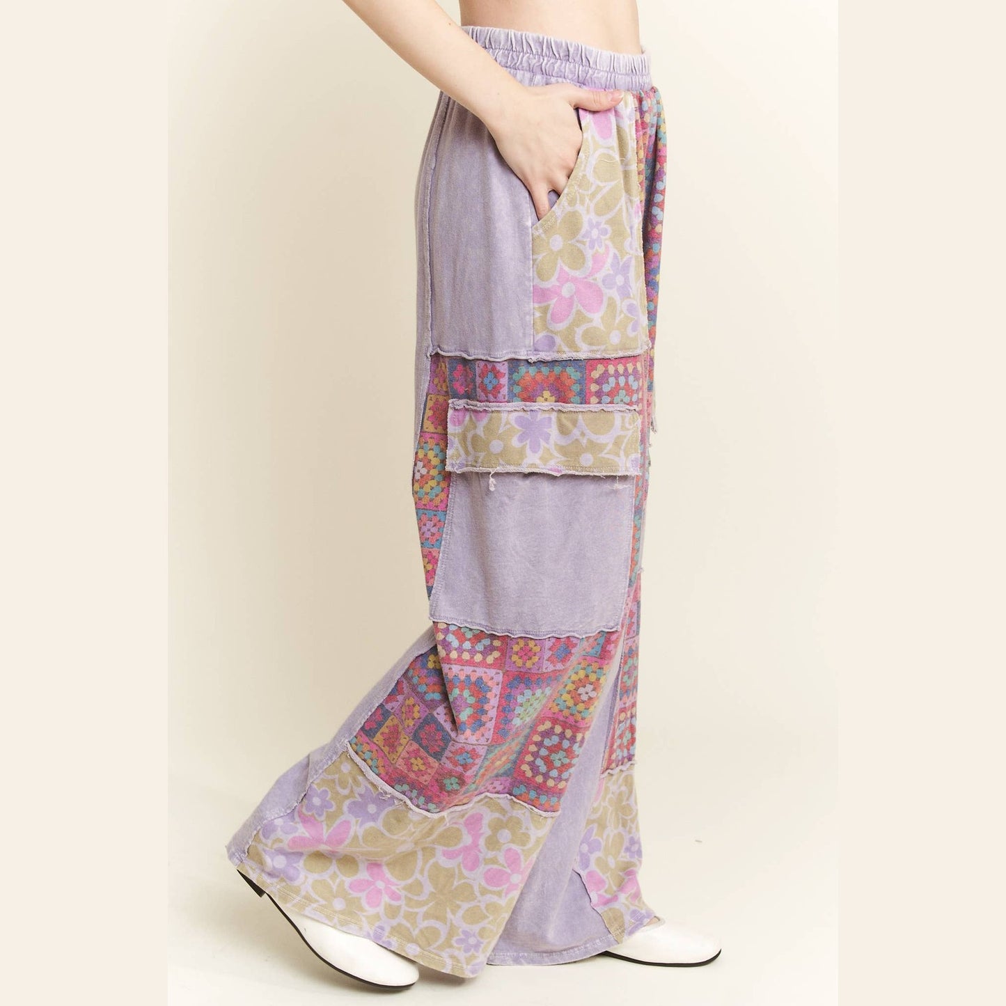 Mineral Wash Boho Crochet Floral Printed Pants
