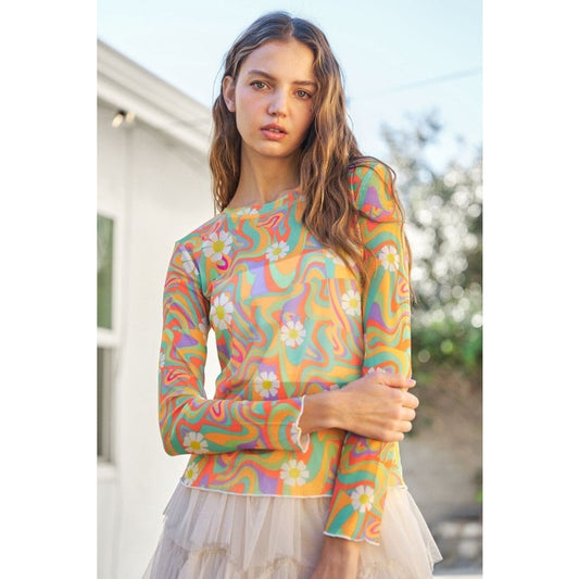 Groovy Daisy Multi-color Swirl Long Sleeve Mesh Top