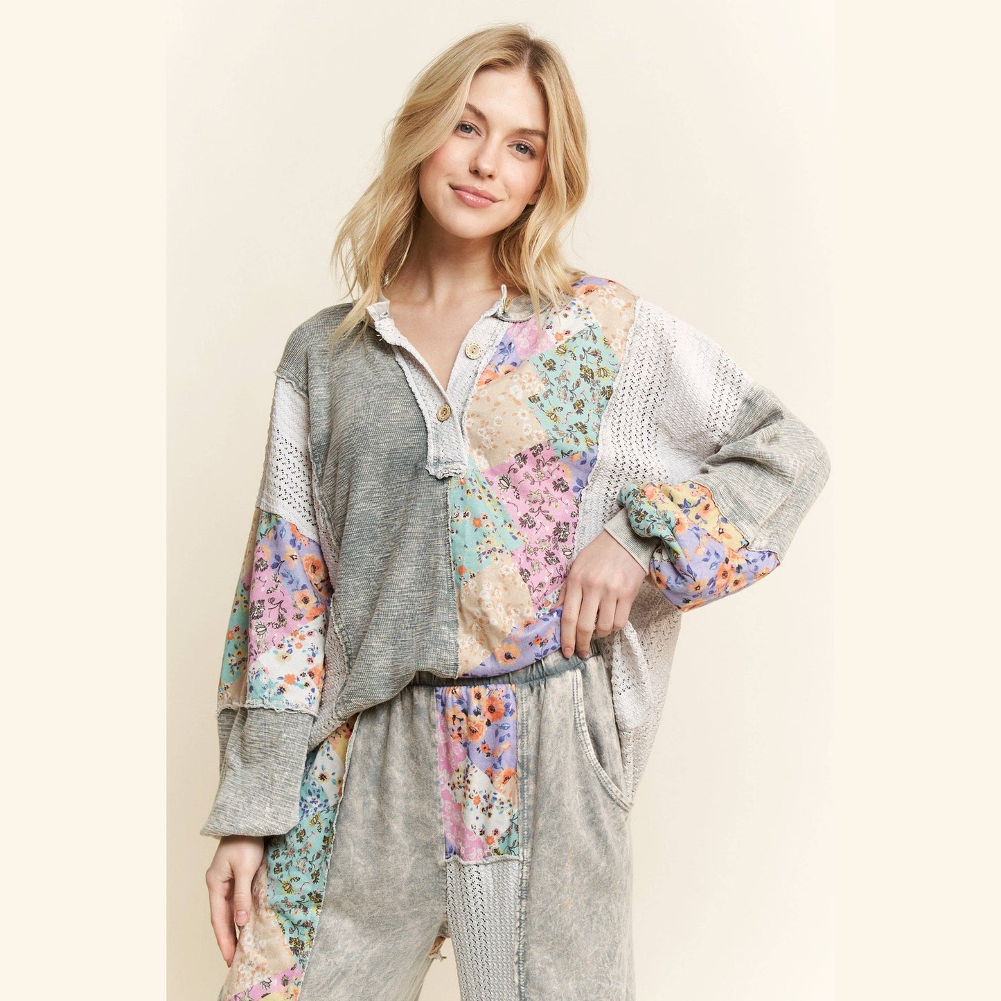 Mineral Washed Floral WaveKnit Jacquard Boho Top