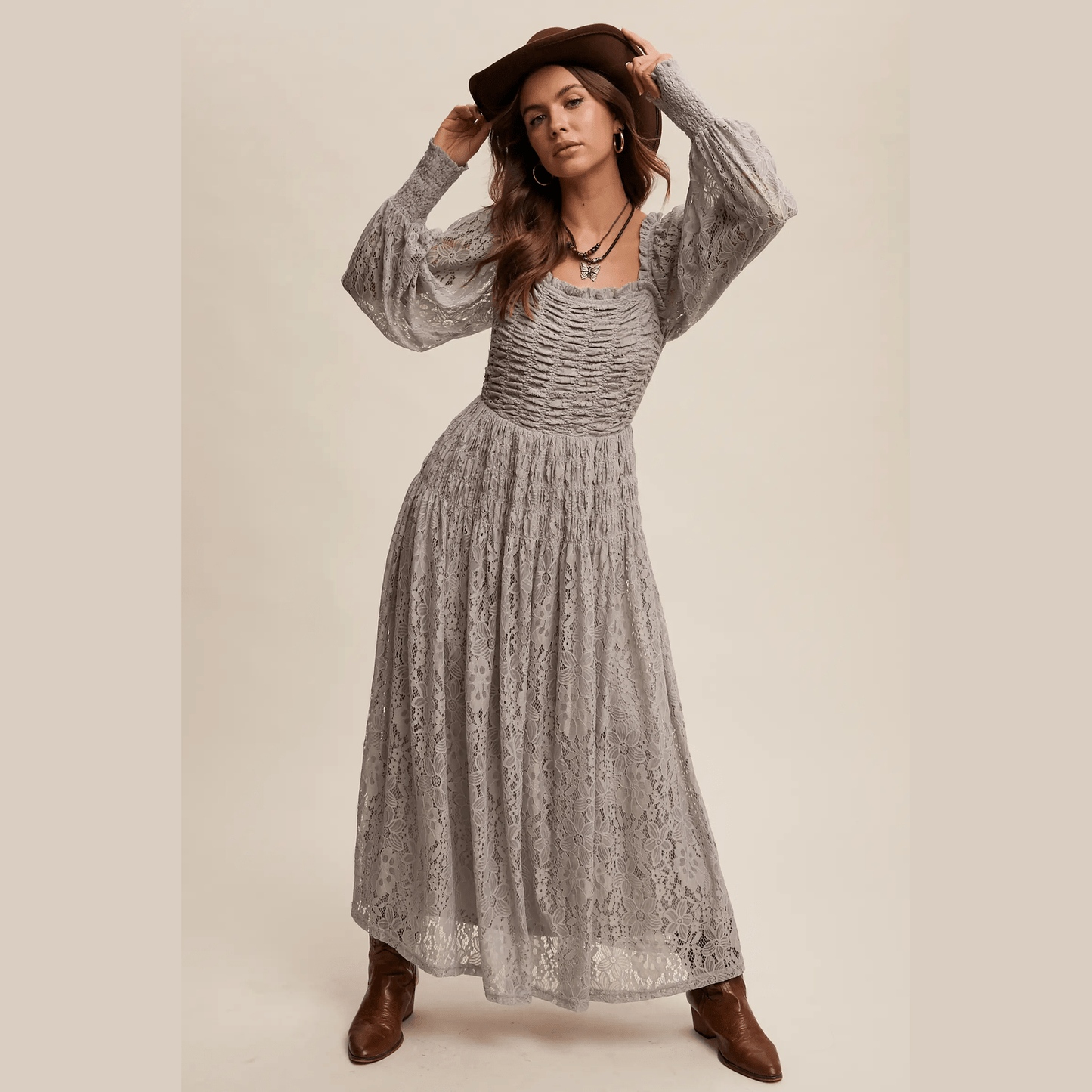 Vintage Lace Maxi Dress with Smocked Details