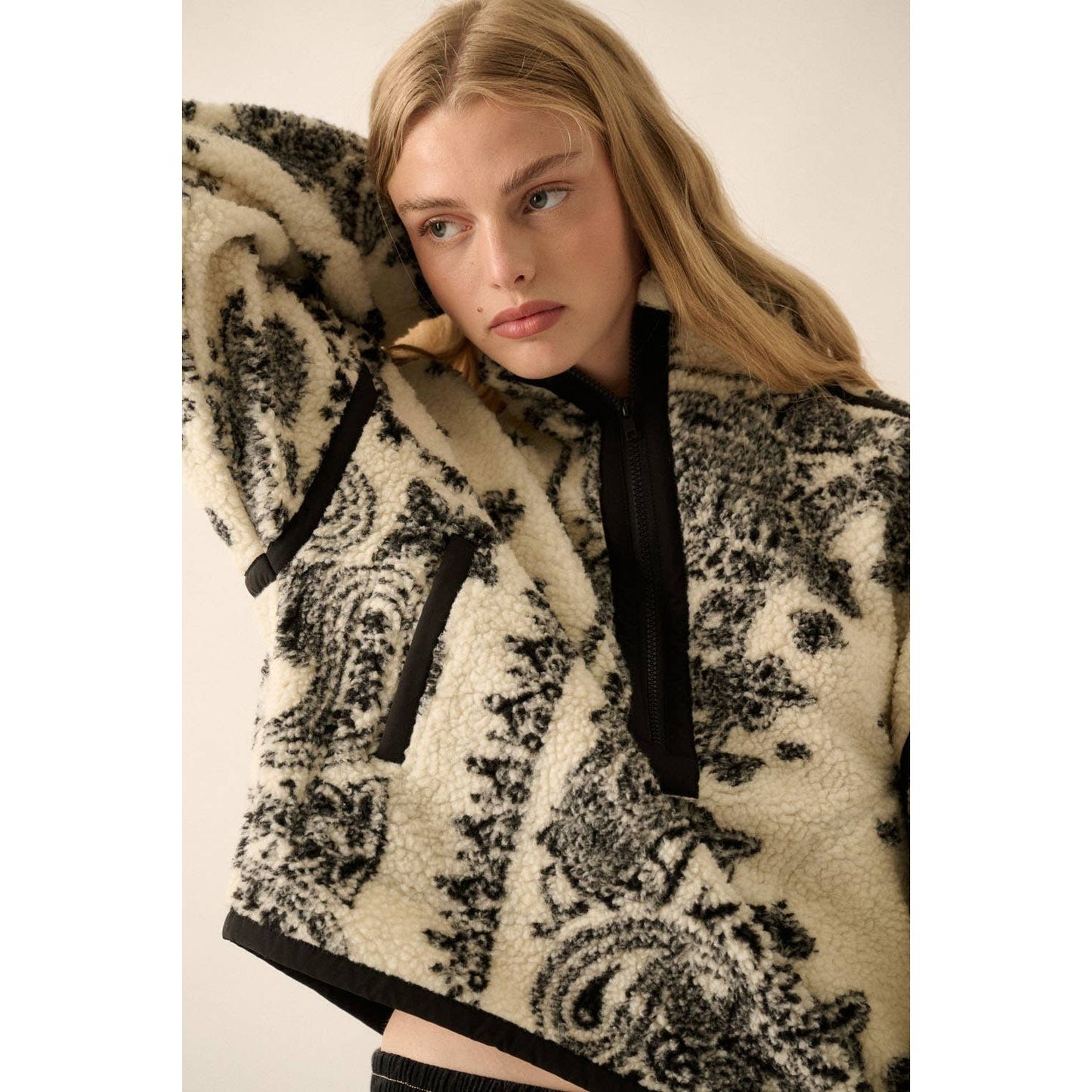 Floral Sherpa Fleece Half-Zip Pullover Jacket