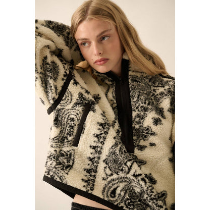 Floral Sherpa Fleece Half-Zip Pullover Jacket