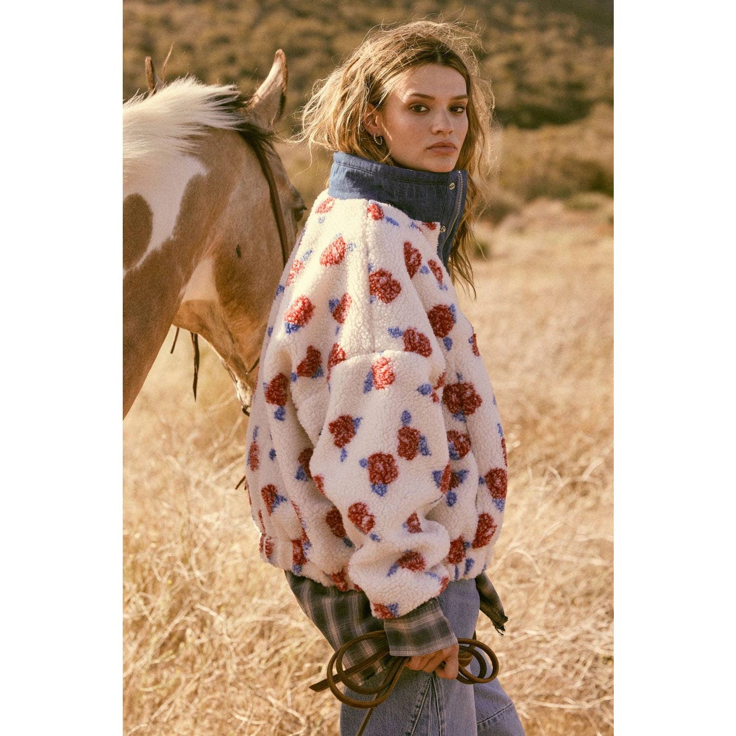 Floral Fleece and Denim Half-Snap Pullover