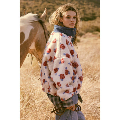 Floral Fleece and Denim Half-Snap Pullover