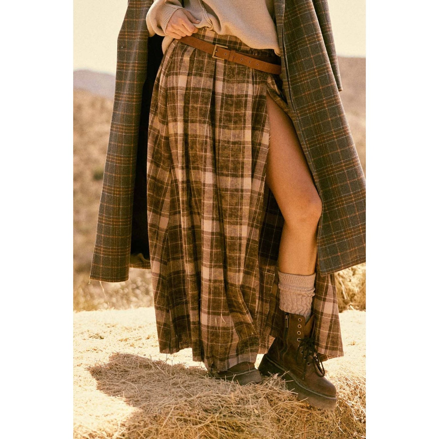 Plaid Flannel Pleated Wrapped Raw-Edge Maxi Skirt