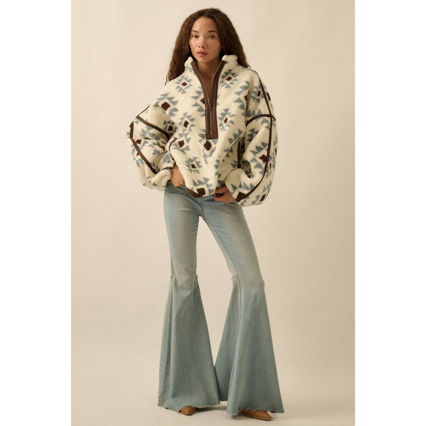 Geometric-Print Sherpa Fleece Half-Zip Pullover