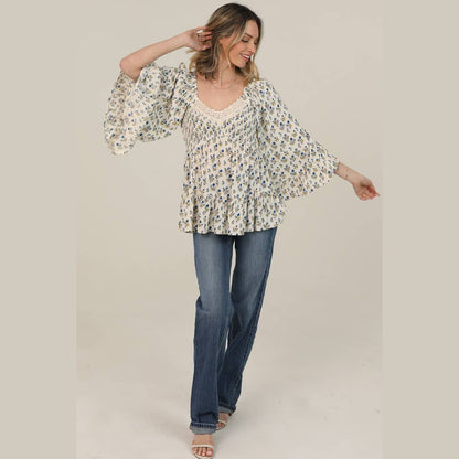V NECK SMOCKED BUST LACE TRIM WIDE BELL SLEEVE PR