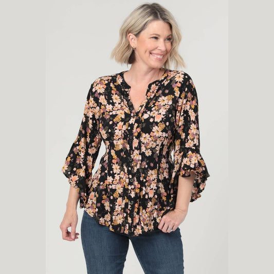 V-Neck Button Front Angled Ruffle Sleeve Top