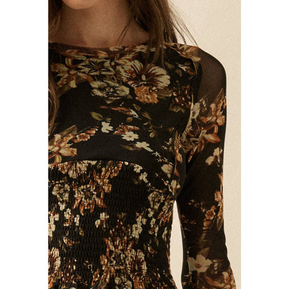 Floral Mesh Smocked Long-Sleeve Midi Dress