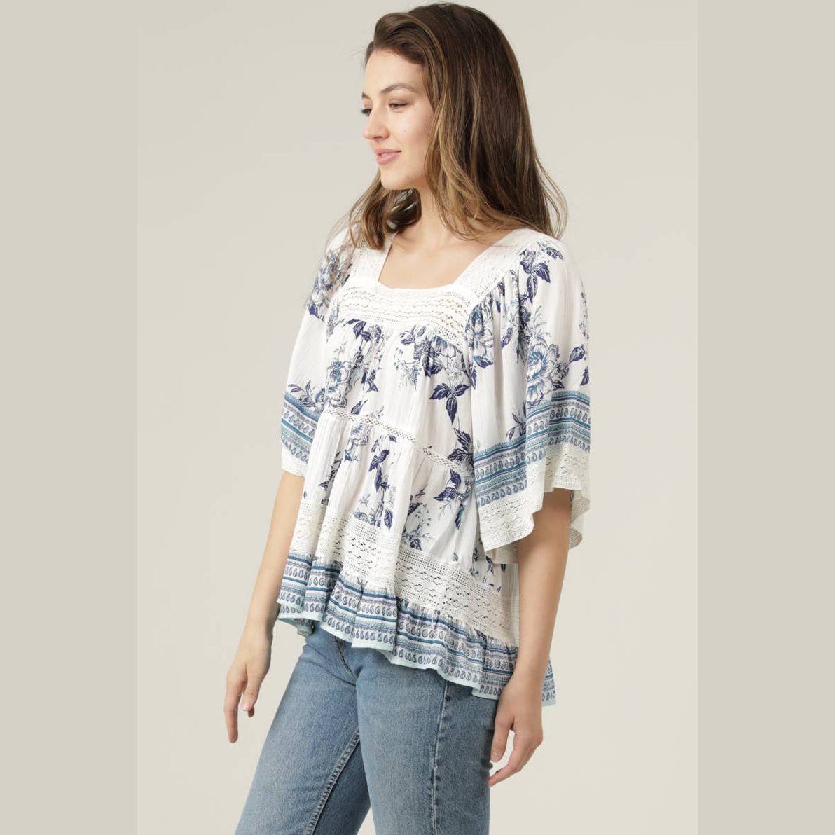 SQUARE NECK LACE TRIM FLORAL PRINT BLOUSE - The Feral Market