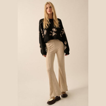 Floral Knit Cropped Dolman-Sleeve Sweater