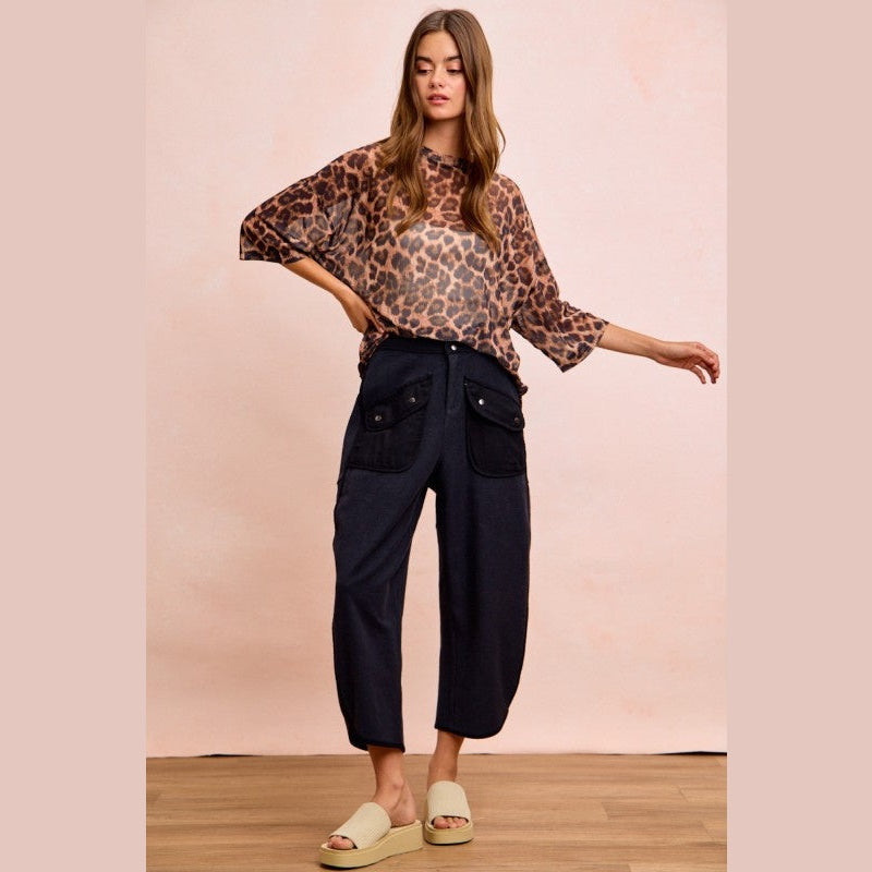 Leopard Print Short Sleeves Boxy Mesh Top