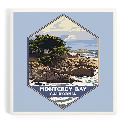 Ceramic Coaster Monterey Bay, California, Rocky Shore and…