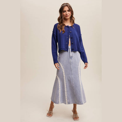 Embroidered Denim Midi Skirt
